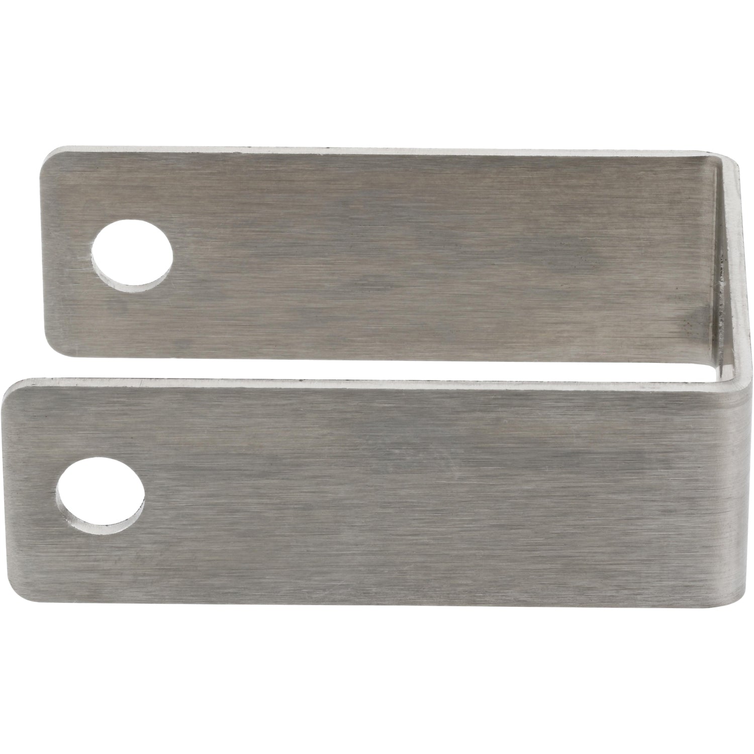Bent stainless steel mounting bracket with holes on white background.
