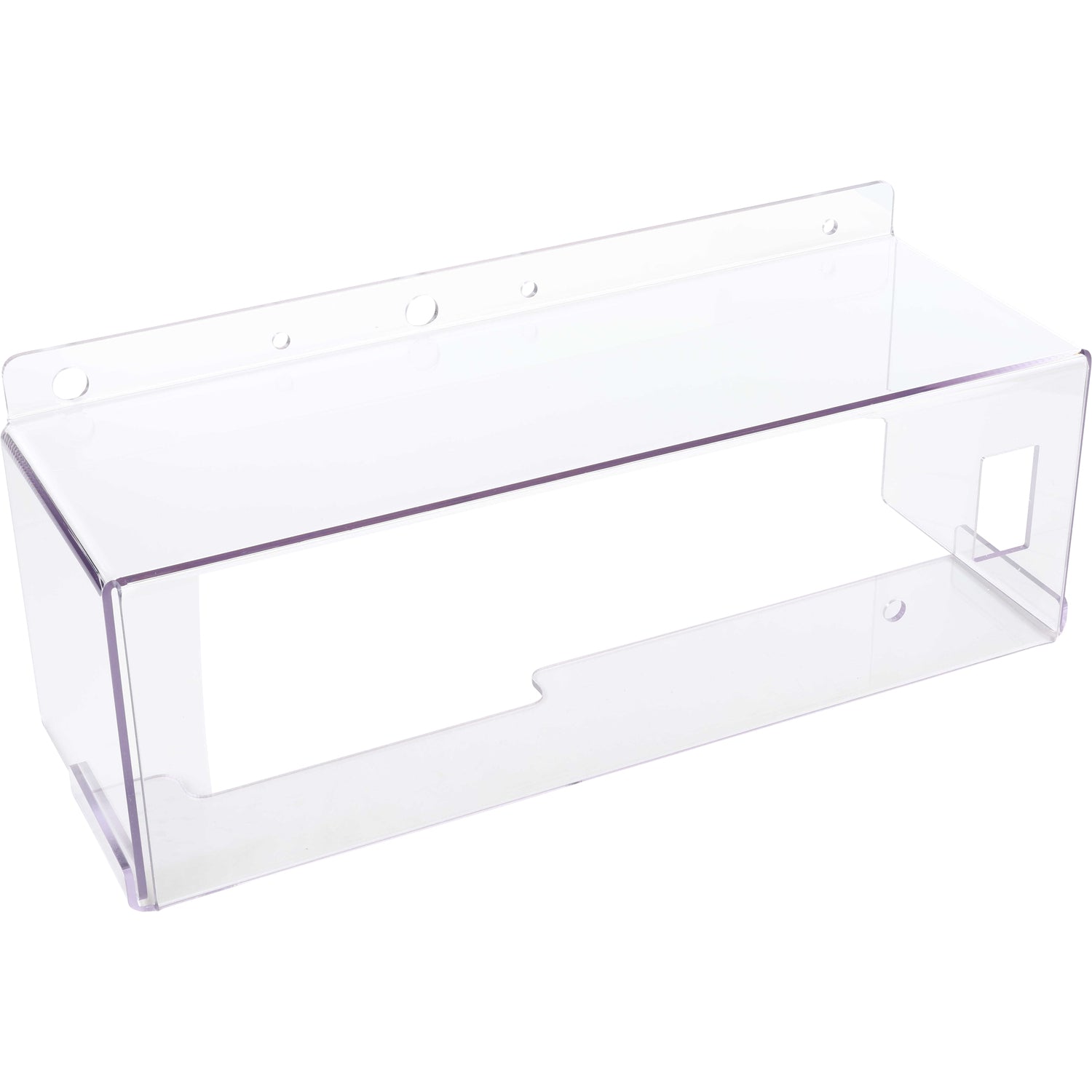 Rectangular, bent, clear, impact resistant polycarbonate guarding with multiple holes cut into it. Guard is shown on white background. 