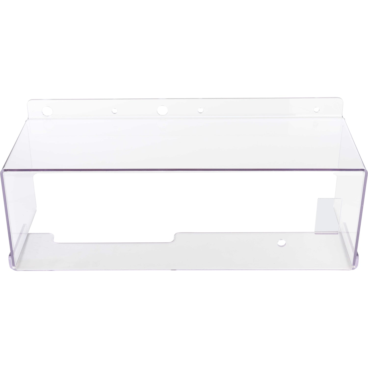 Rectangular, bent, clear, impact resistant polycarbonate guarding with multiple holes cut into it. Guard is shown on white background. 