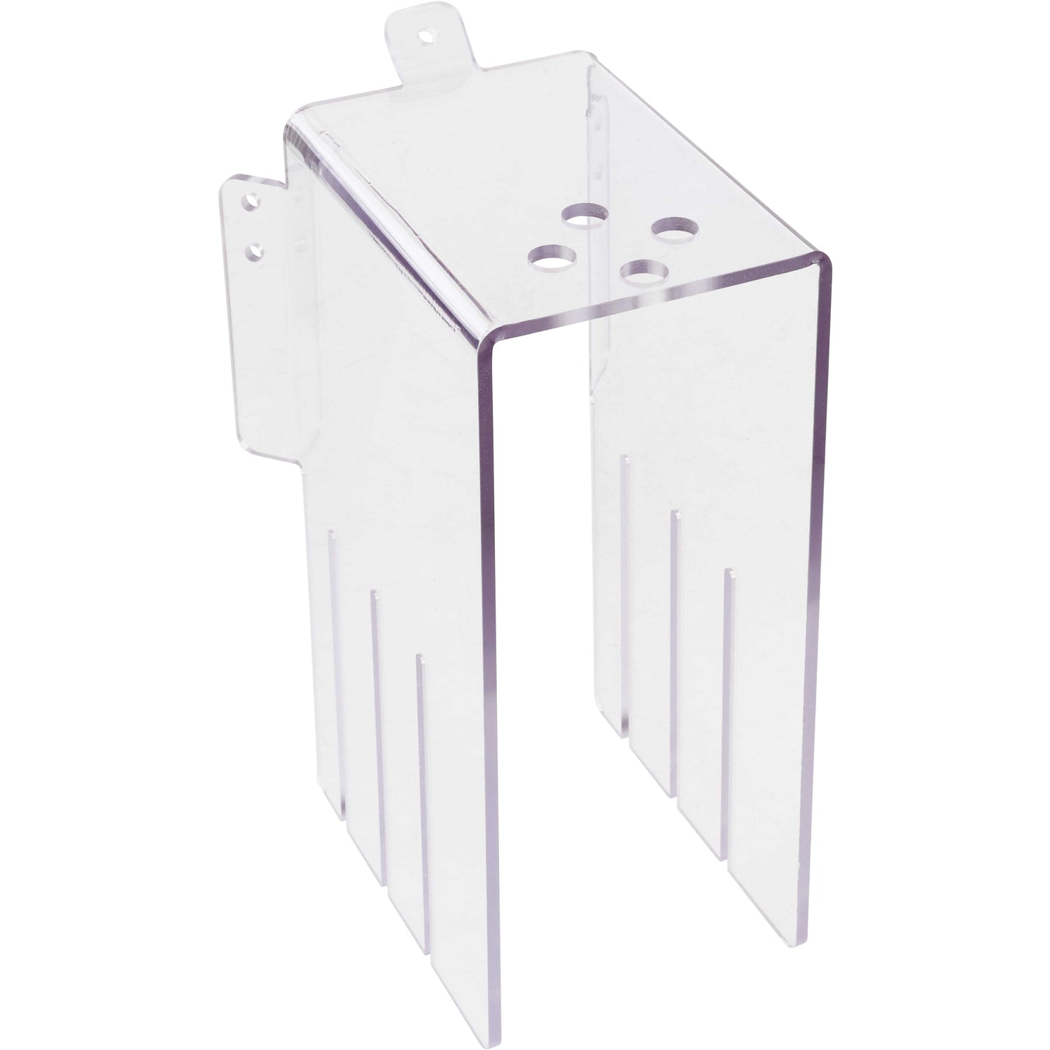 Bent, rectangular, clear polycarbonate part with multiple holes shown on a white background. 