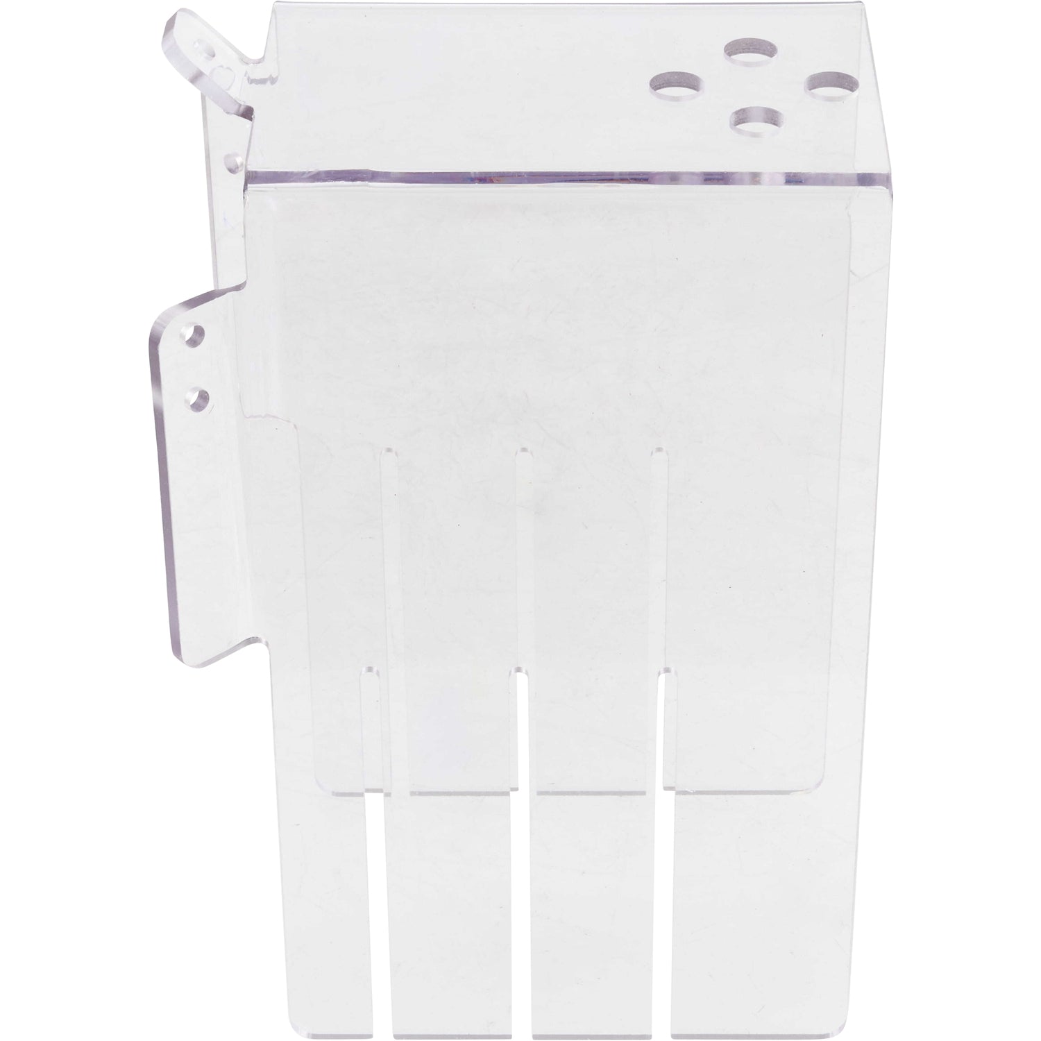 Bent, rectangular, clear polycarbonate part with multiple holes shown on a white background. 