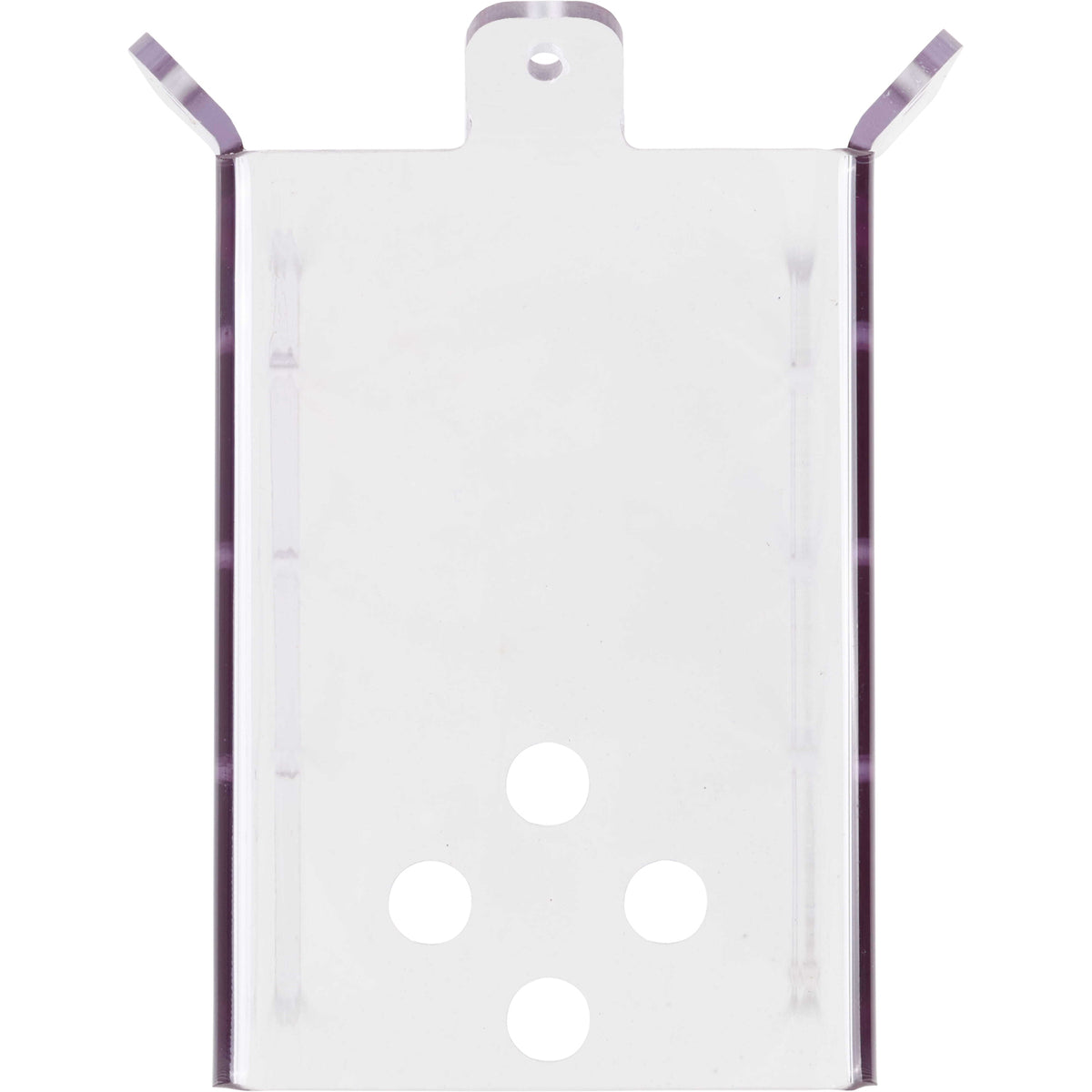 Bent, rectangular, clear polycarbonate part with multiple holes shown on a white background. 
