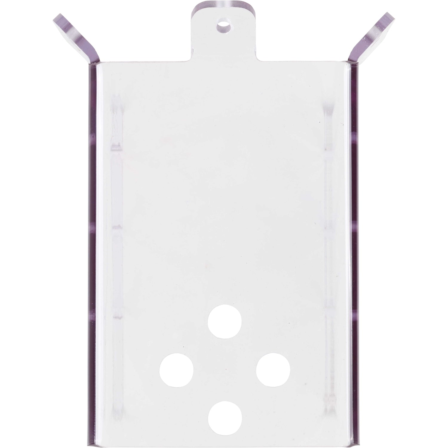 Bent, rectangular, clear polycarbonate part with multiple holes shown on a white background. 