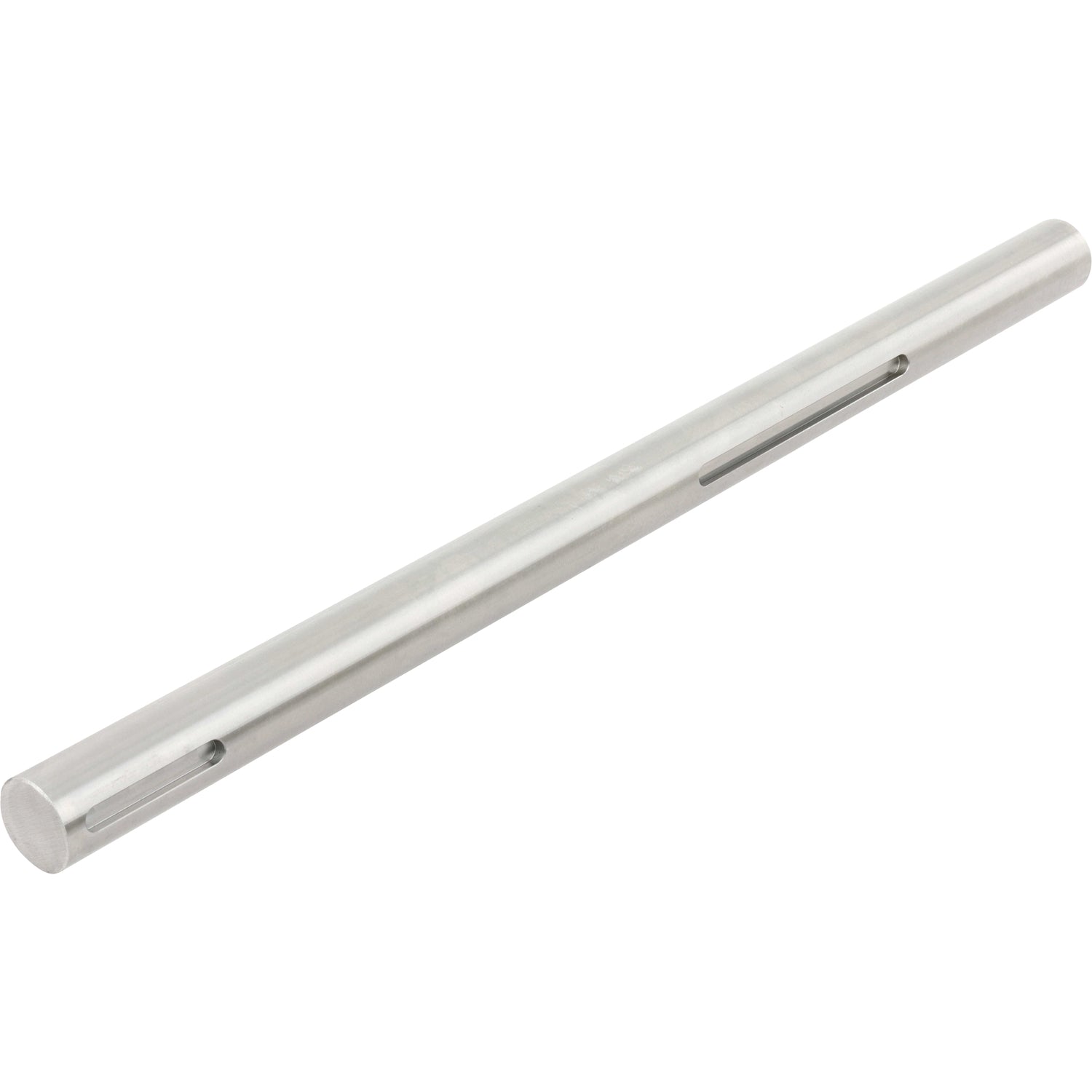 Stainless steel cylindrical rod with two slotted cutouts shown on white background. 