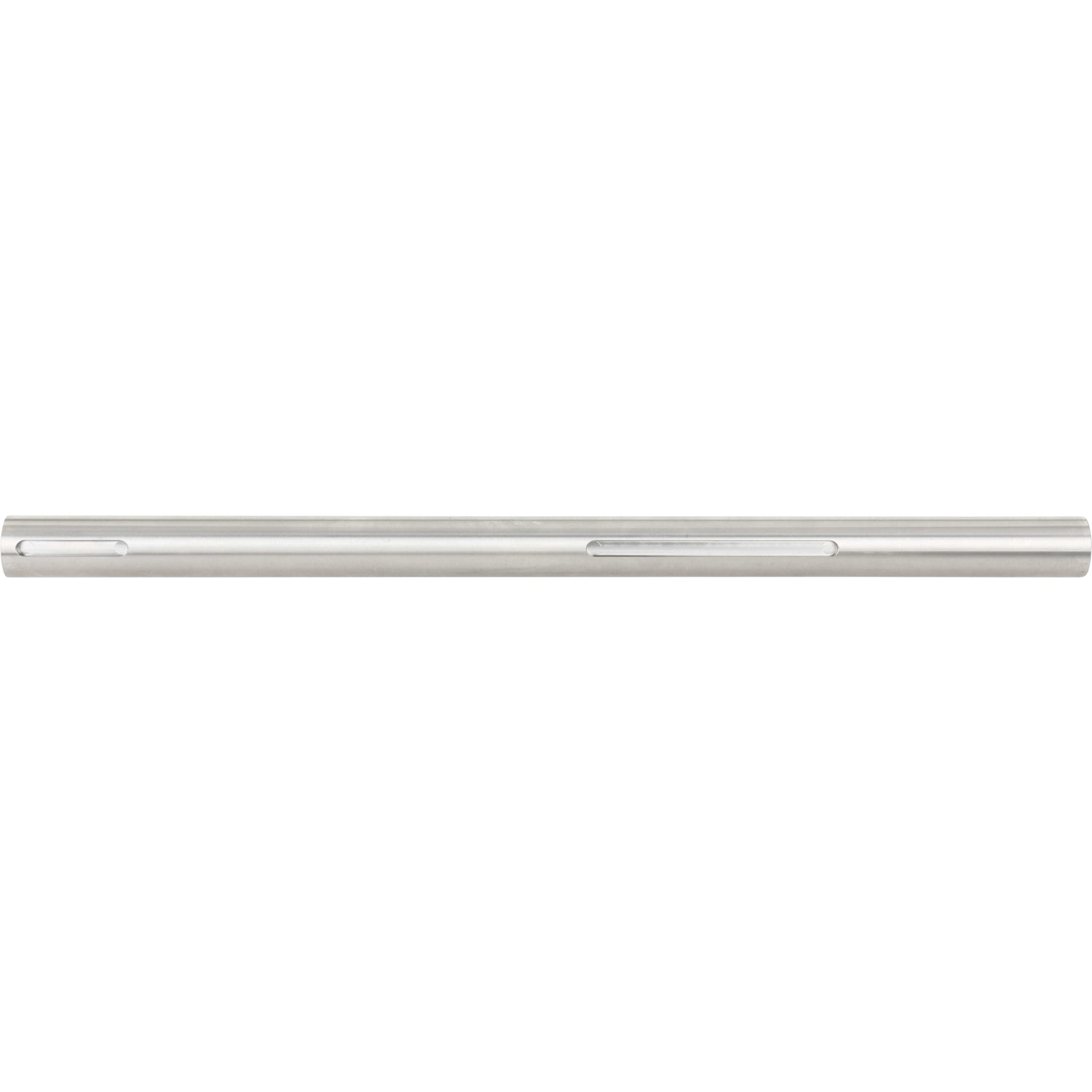 Stainless steel cylindrical rod with two slotted cutouts shown on white background. 
