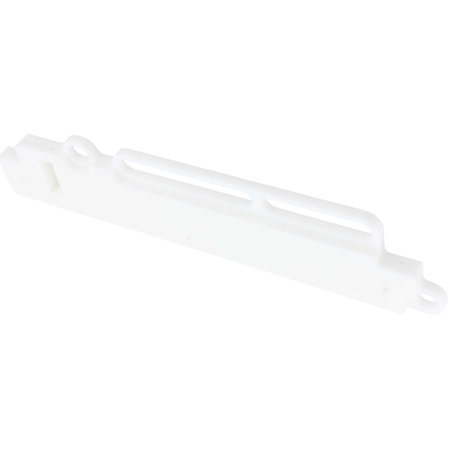 White plastic machined rail with sensor mounting holes shown on white background. 