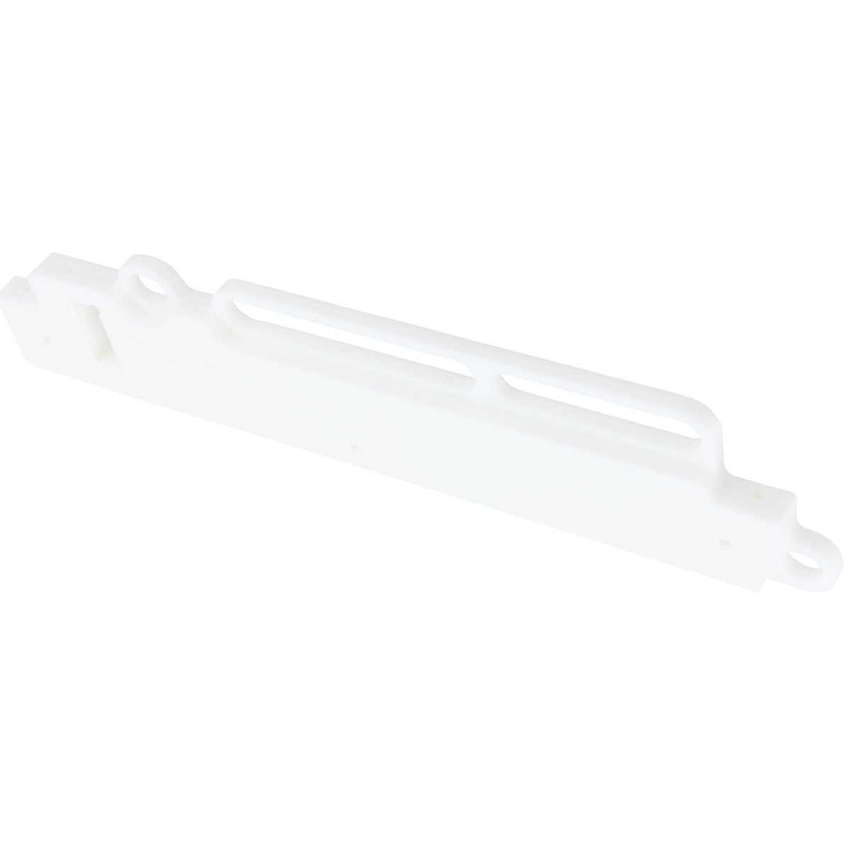 White plastic machined rail with sensor mounting holes shown on white background. 