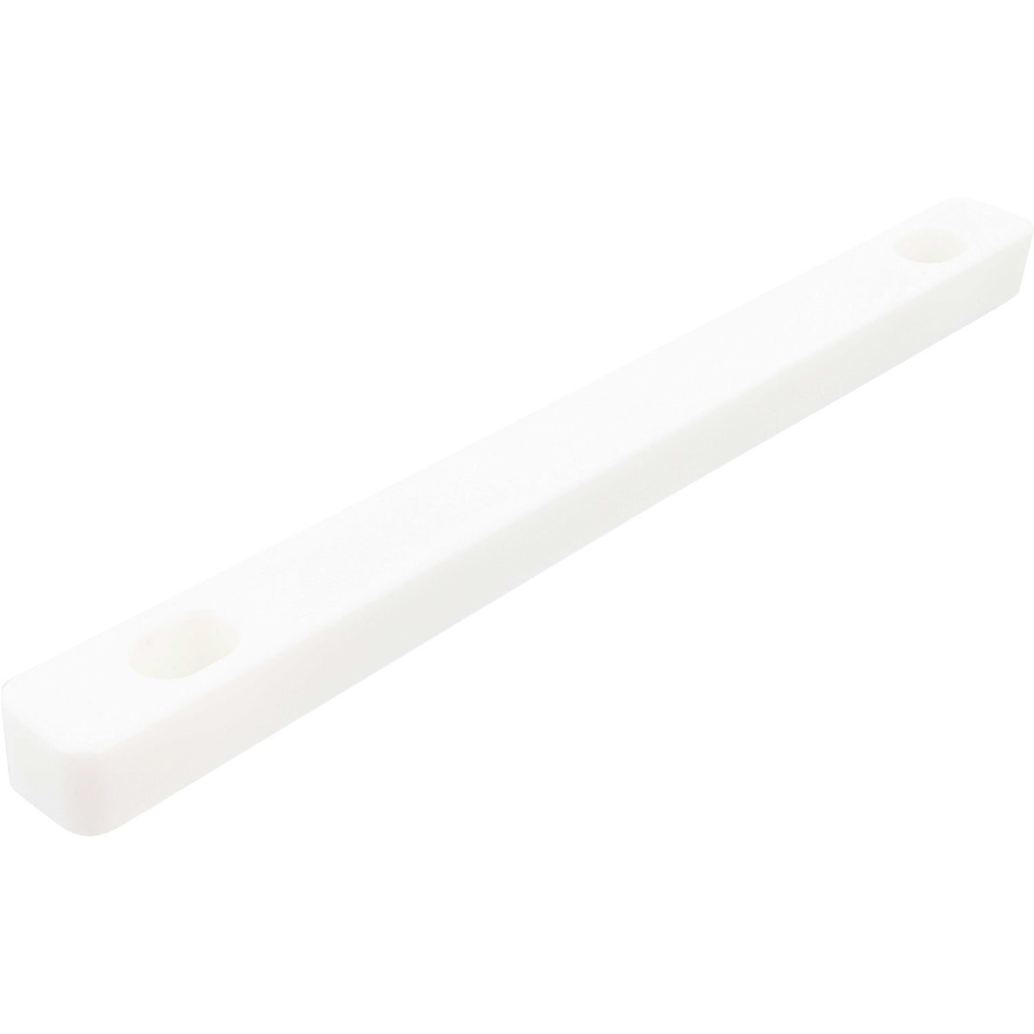 White HDPE rectangular block/rail with two drilled holes on each end for mounting.  Shown on white background. 