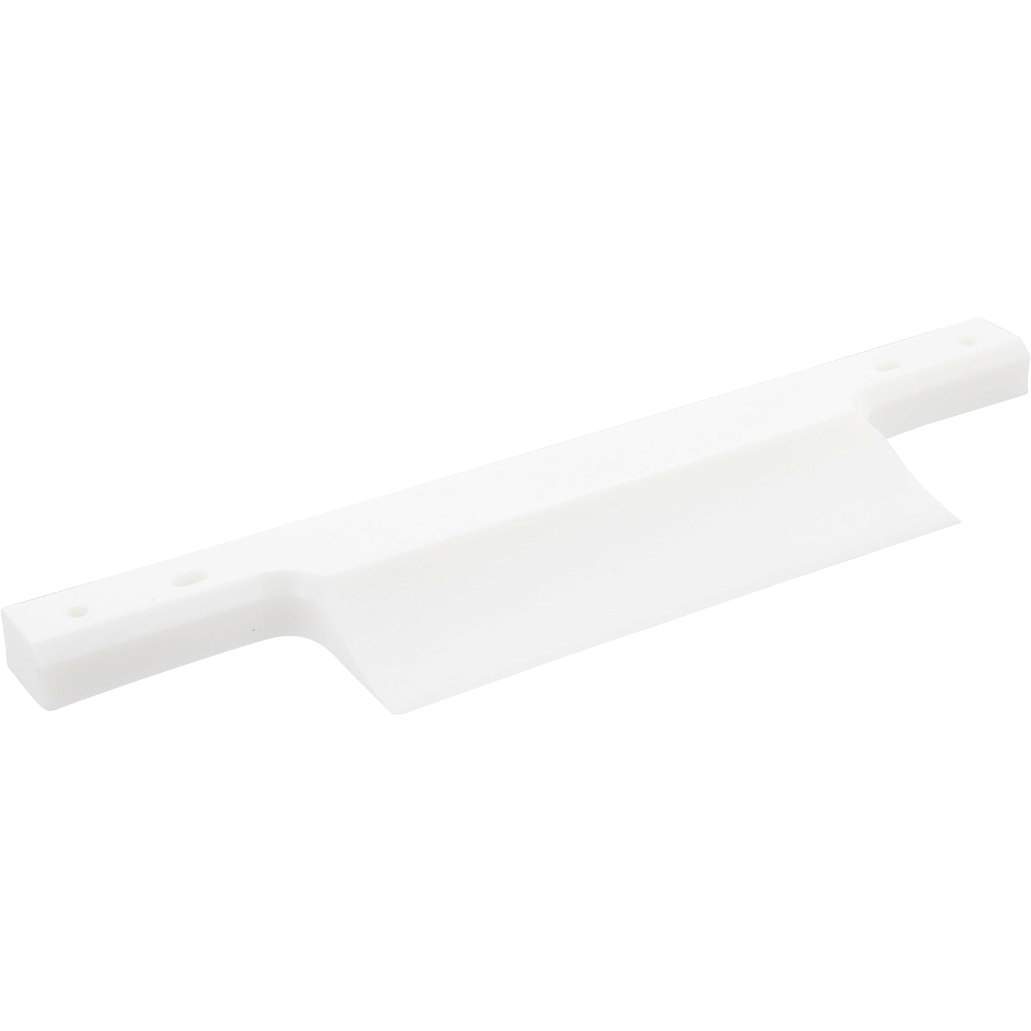 White plastic dead plate with tapered sharp edge and mounting through holes shown on white background. 