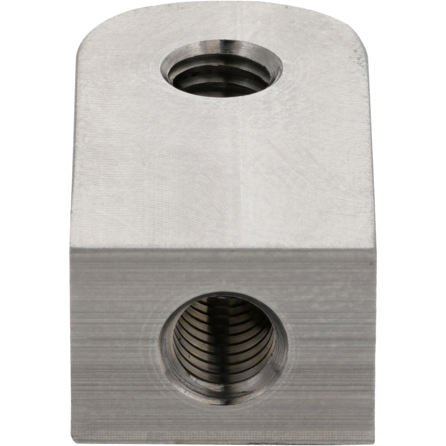 Stainless Steel Rectangular block with one rounded end and two threaded holes shown on white background. 