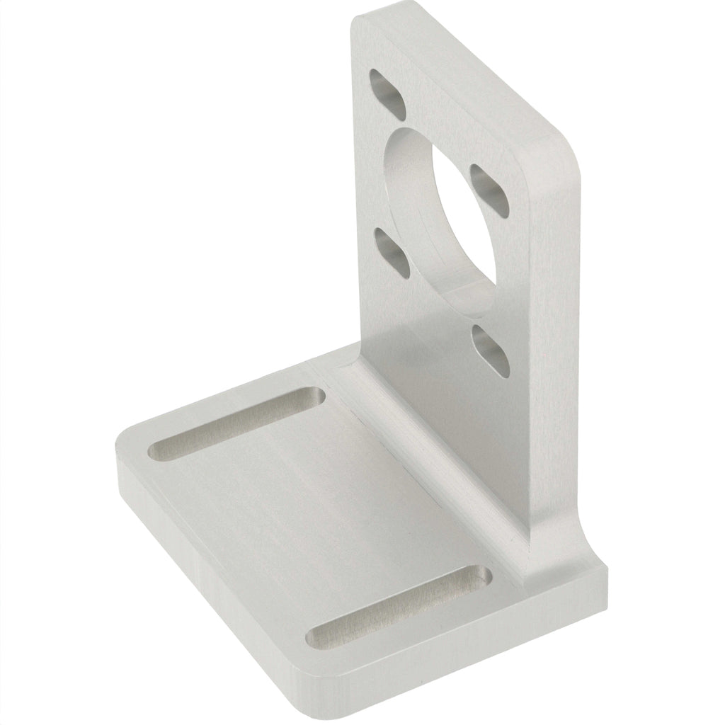 90 degree aluminum mounting bracket with multiple slotted holes shown on white background.