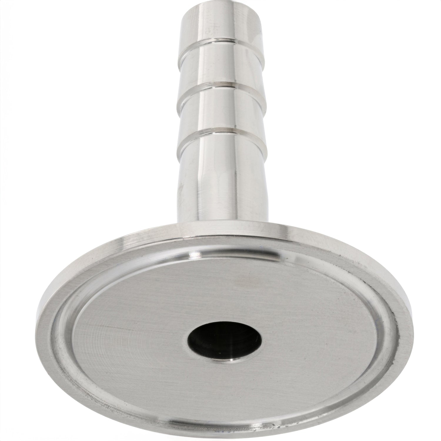 A stainless steel barbed pipe fitting with a central hole shown on a white background. 