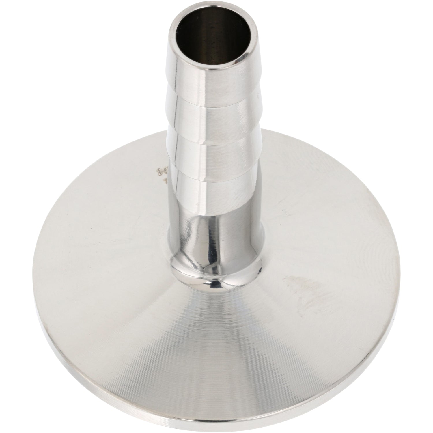 A stainless steel barbed pipe fitting with a central hole shown on a white background.