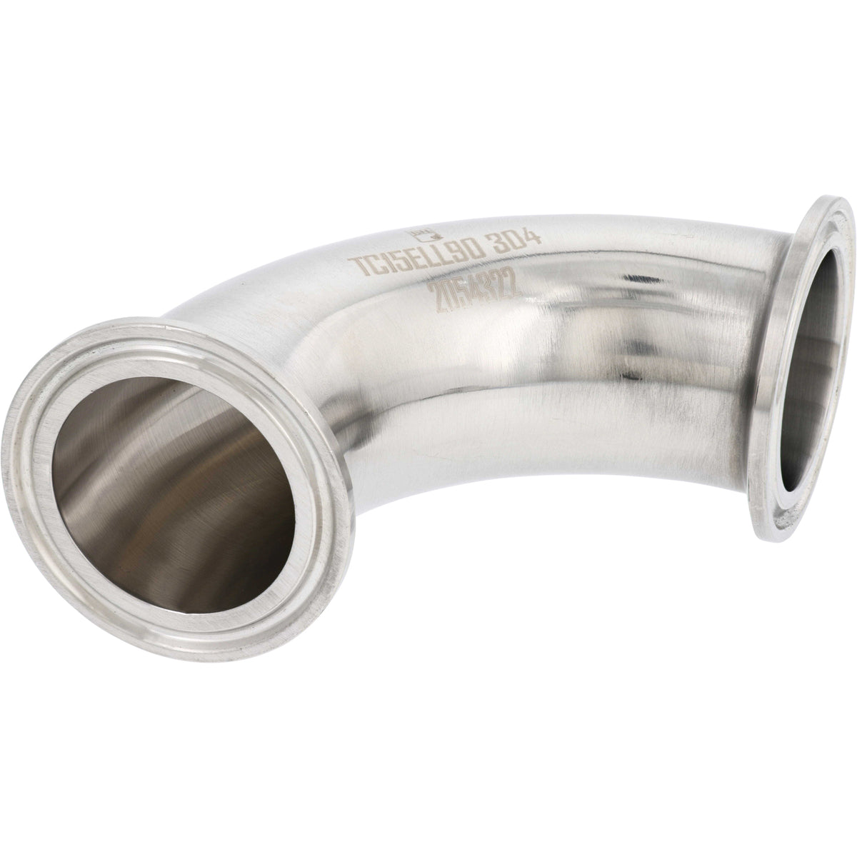 Polished stainless steel 90 degree elbow fitting with 1.5&quot; tri clamp compatible ends shown on white background.