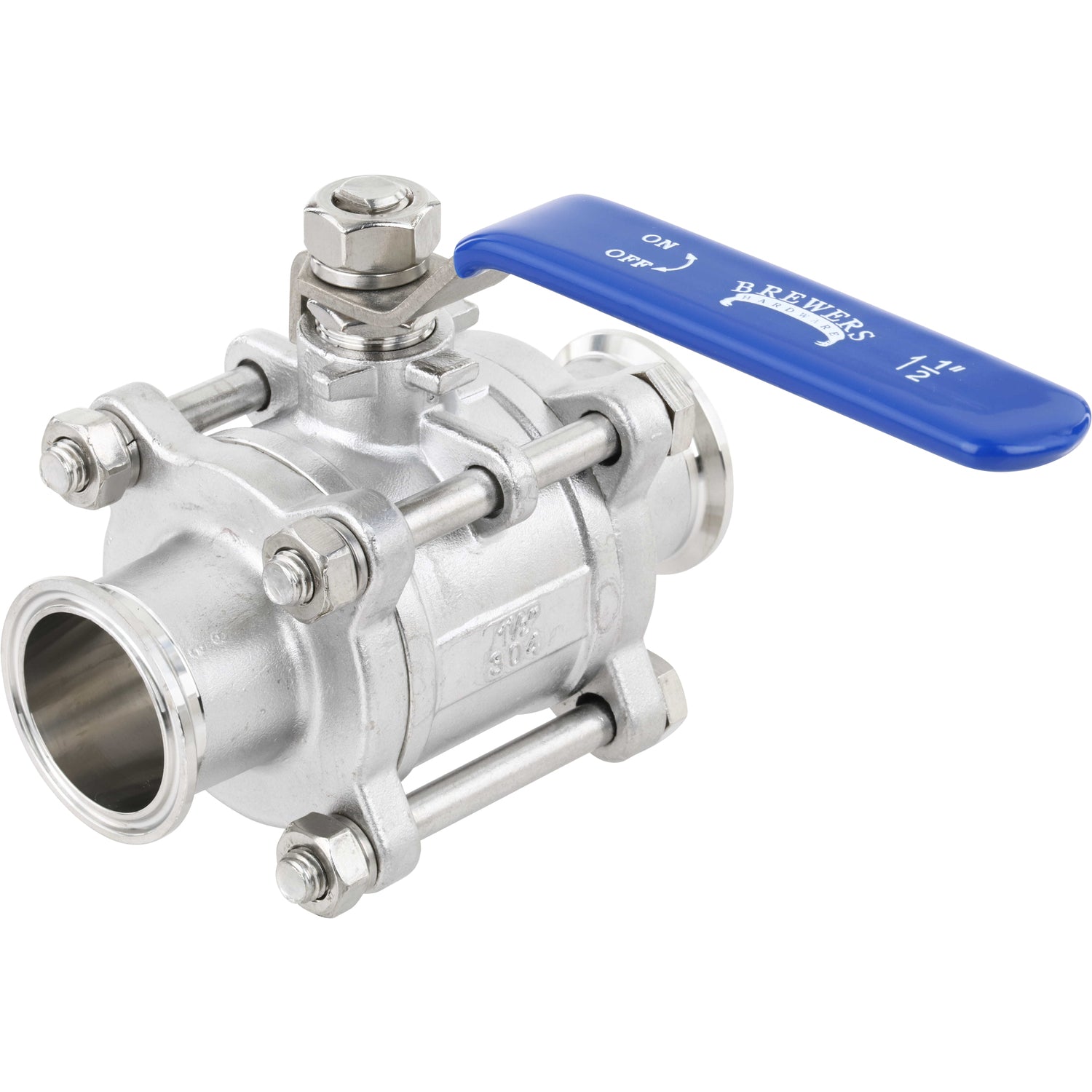 Stainless steel, three piece ball valve with blue handle in the closed position. Part shown on white background.