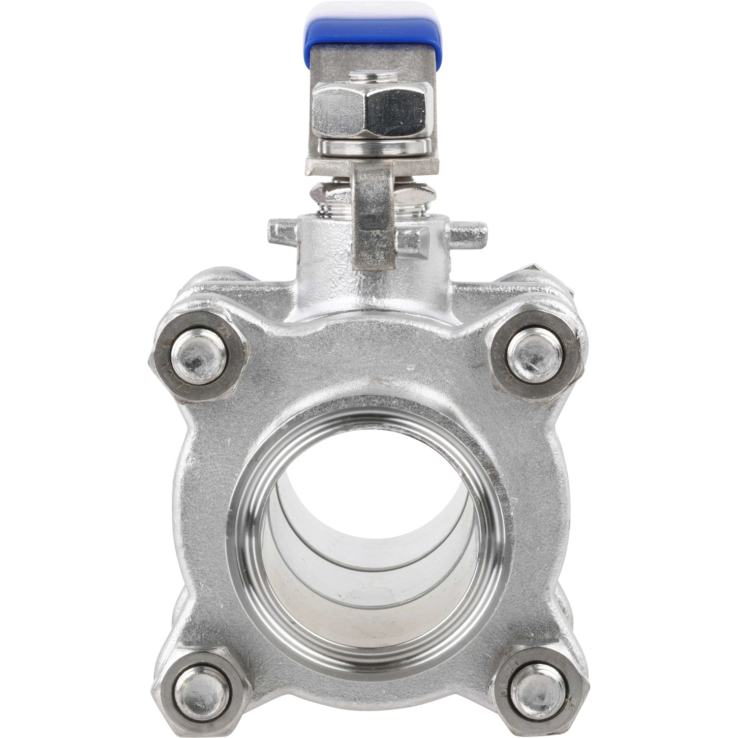 Stainless steel, three piece ball valve with view of opened port and blue handle in the open position. Part shown on white background.
