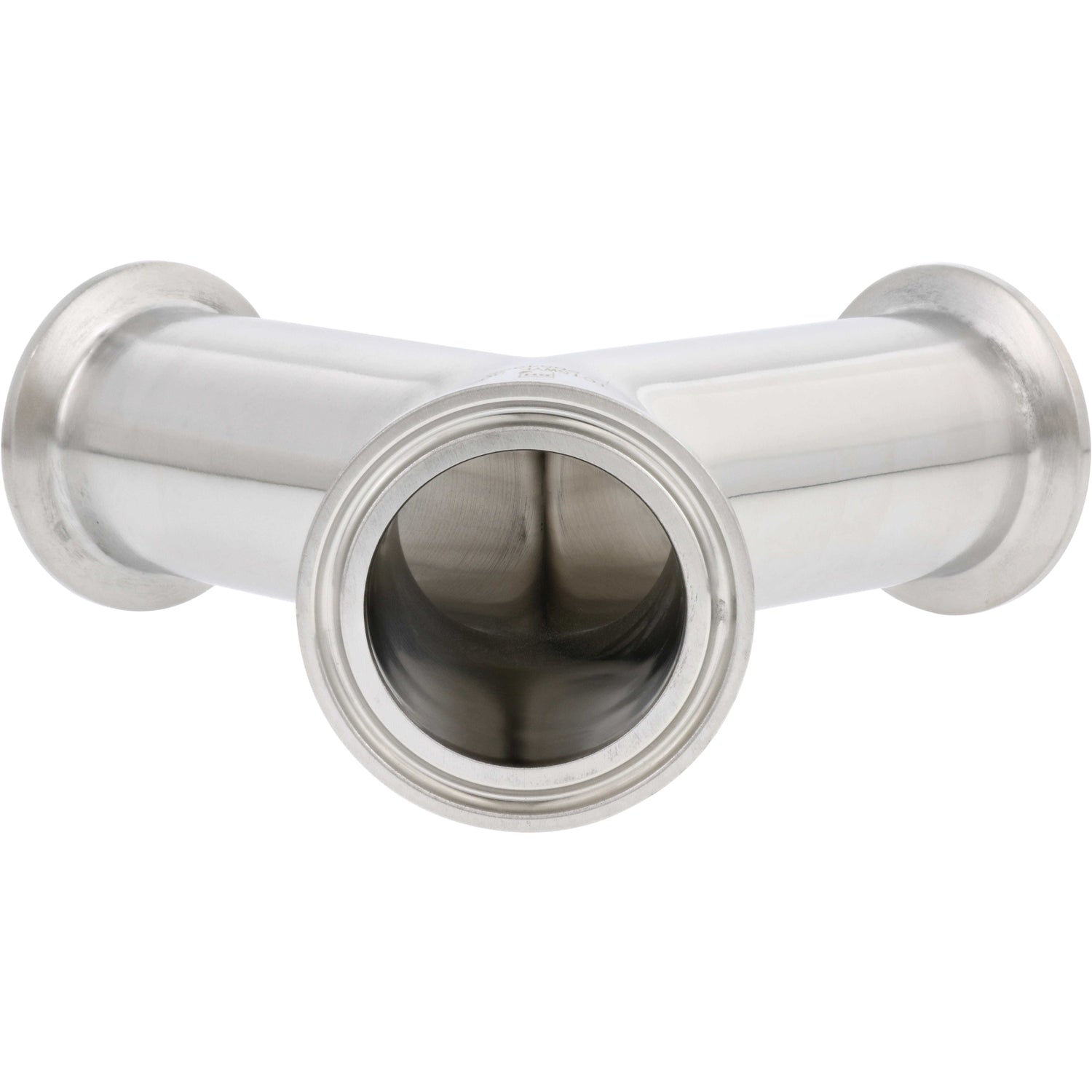 Highly polished stainless steel Wye with 1.5 inch Tri Clamp compatible ends on white background.