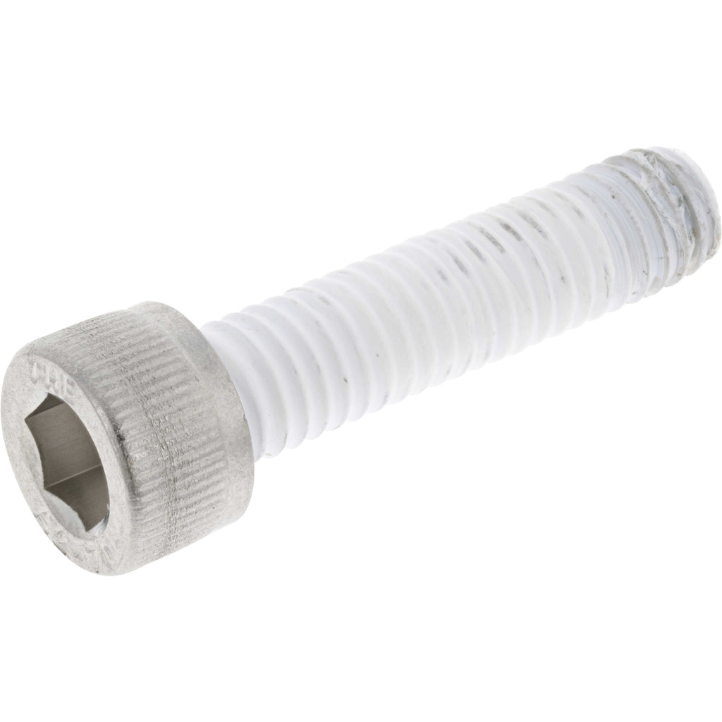 m6 by 25 millimeter socket head cap screw on white background. Threads are wrapped in white Teflon tape. MS2550025A20000