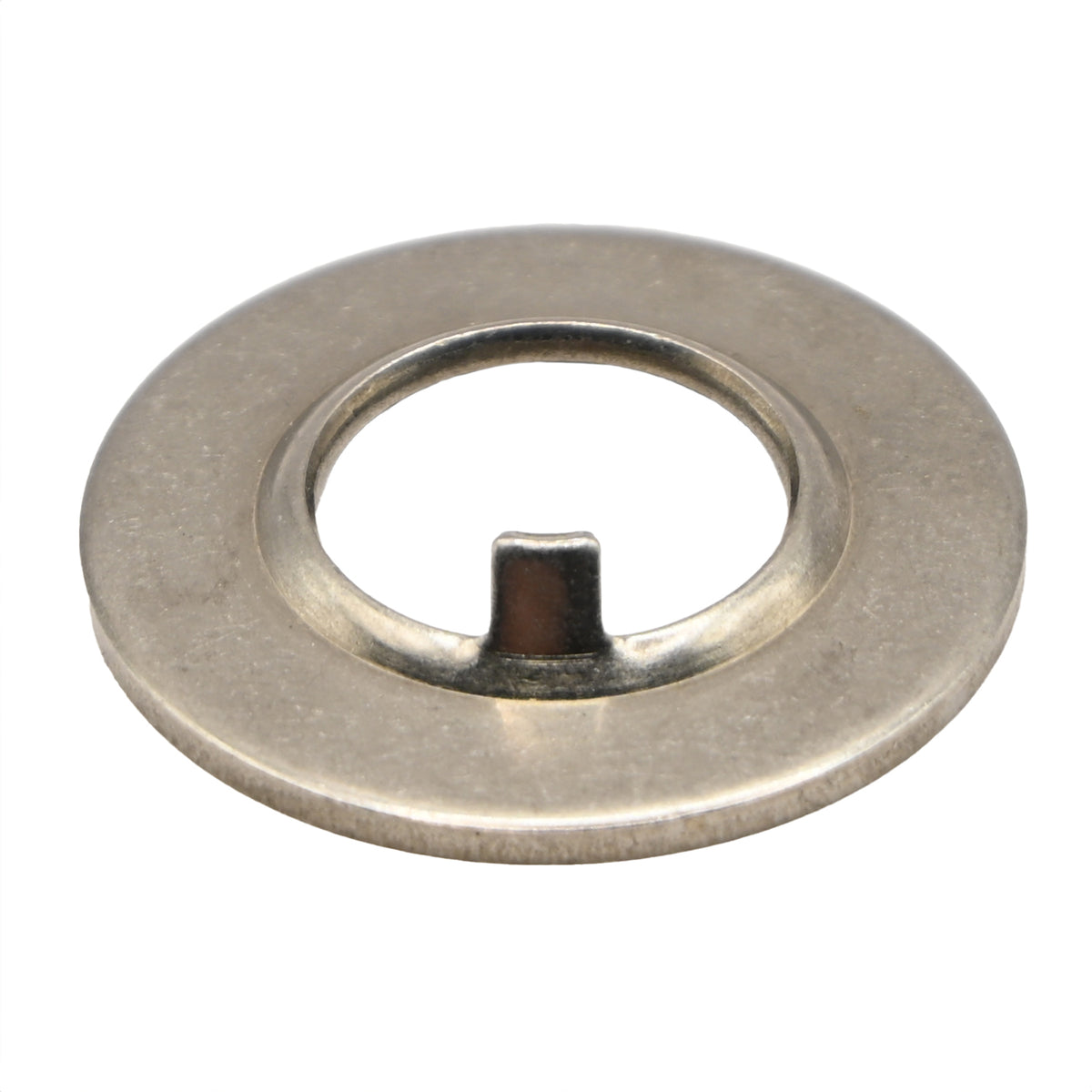 Stainless steel thrust washer with tab on white background. 