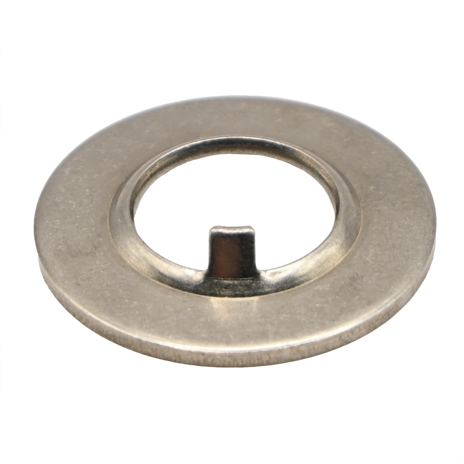 Stainless steel thrust washer with tab on white background. 