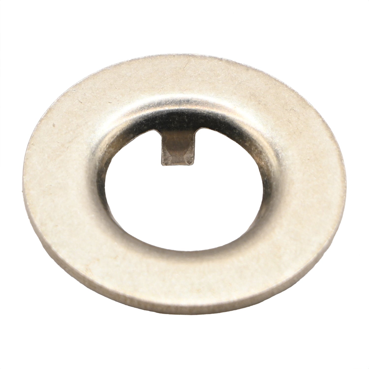 Stainless steel thrust washer with tab on white background.