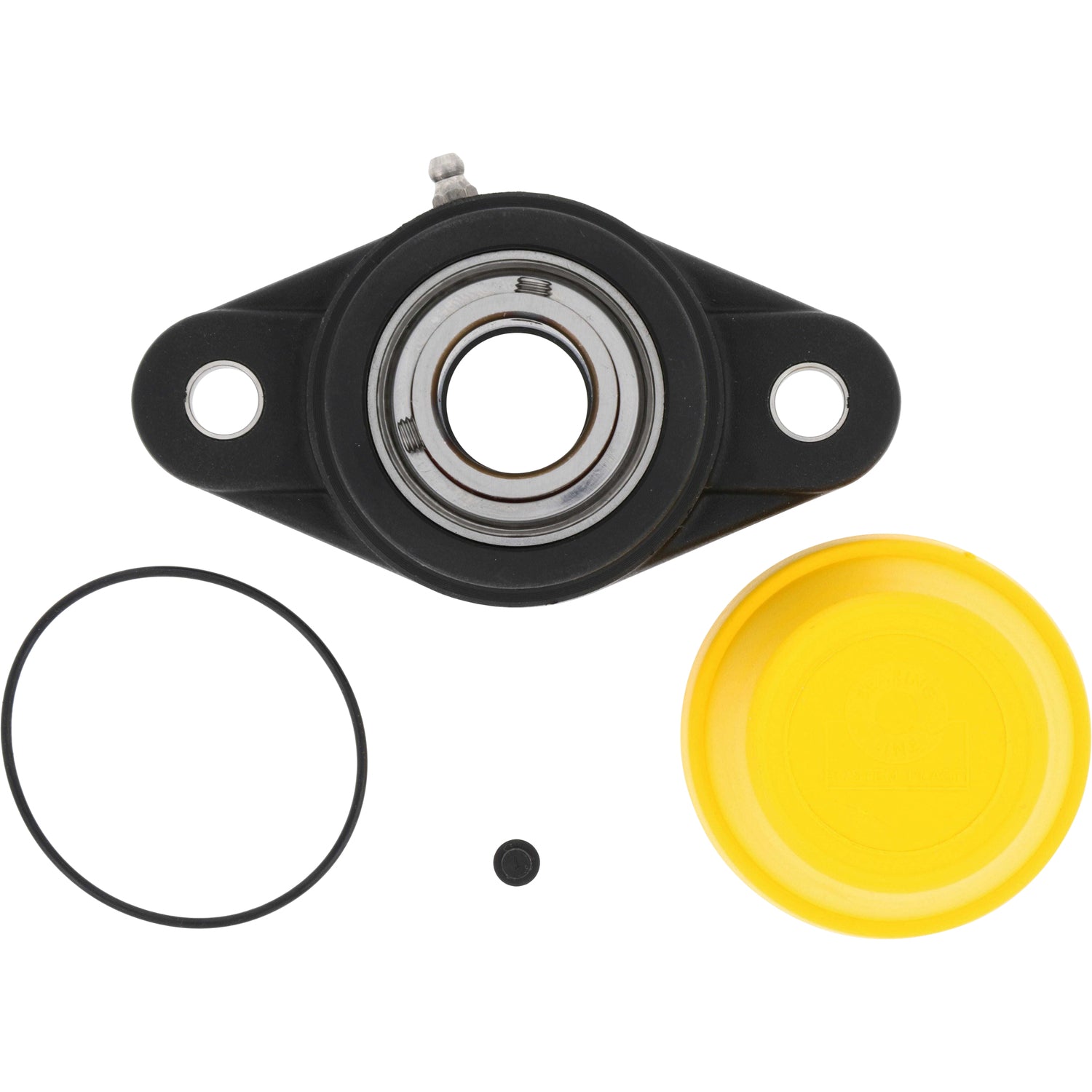 Black pillow block with exposed internal bearing,  stainless steel grease zerk and solid yellow cap and black rubber o-ring on white background.
