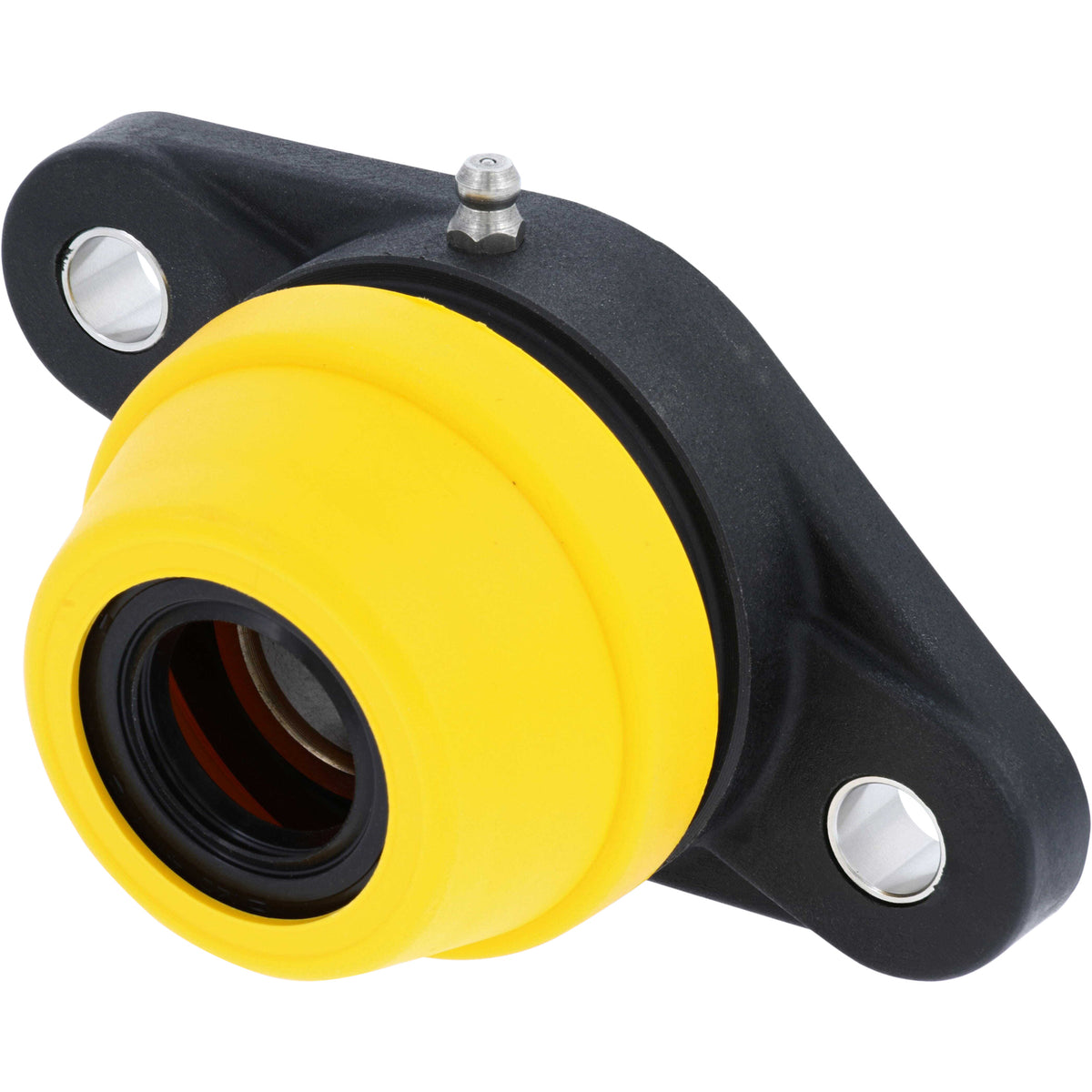Black pillow block with stainless steel grease zerk and yellow  cap  with hole in center on white background.