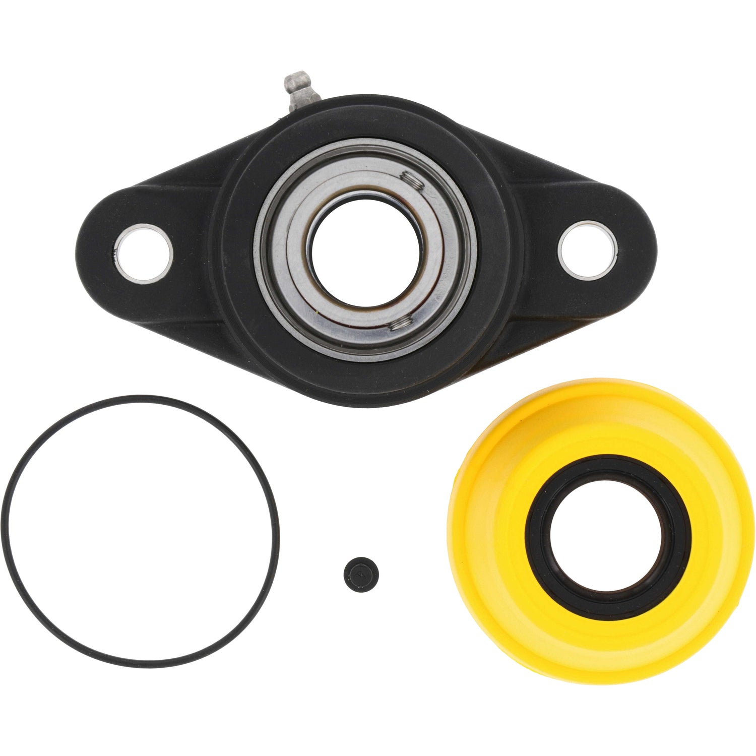 Black pillow block with exposed internal bearing,  stainless steel grease zerk and yellow cap with hole in center and rubber o-ringon white background.