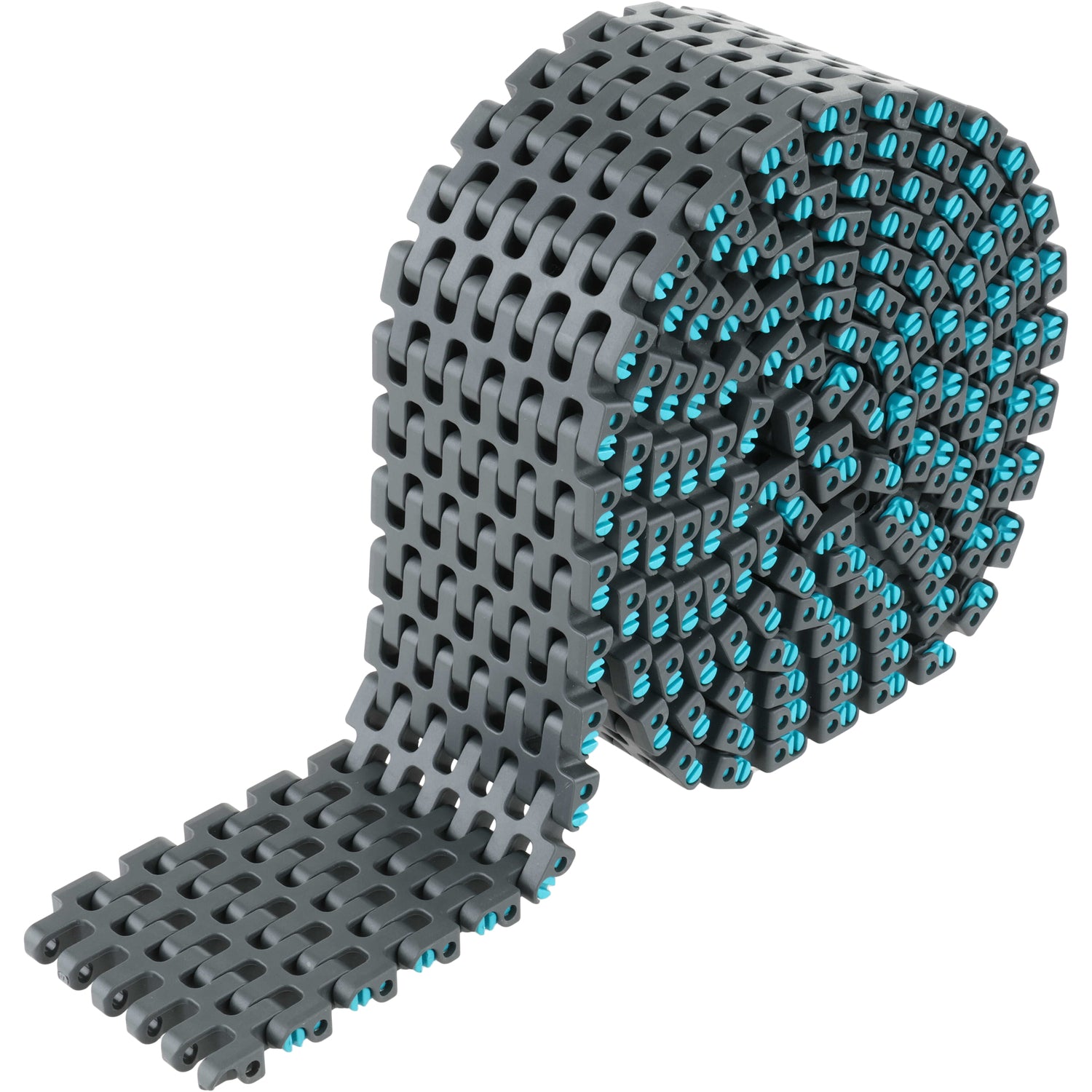 Coiled grey conveyor chain with aqua colored connecting pins. Conveyor chain shown on white background. 
