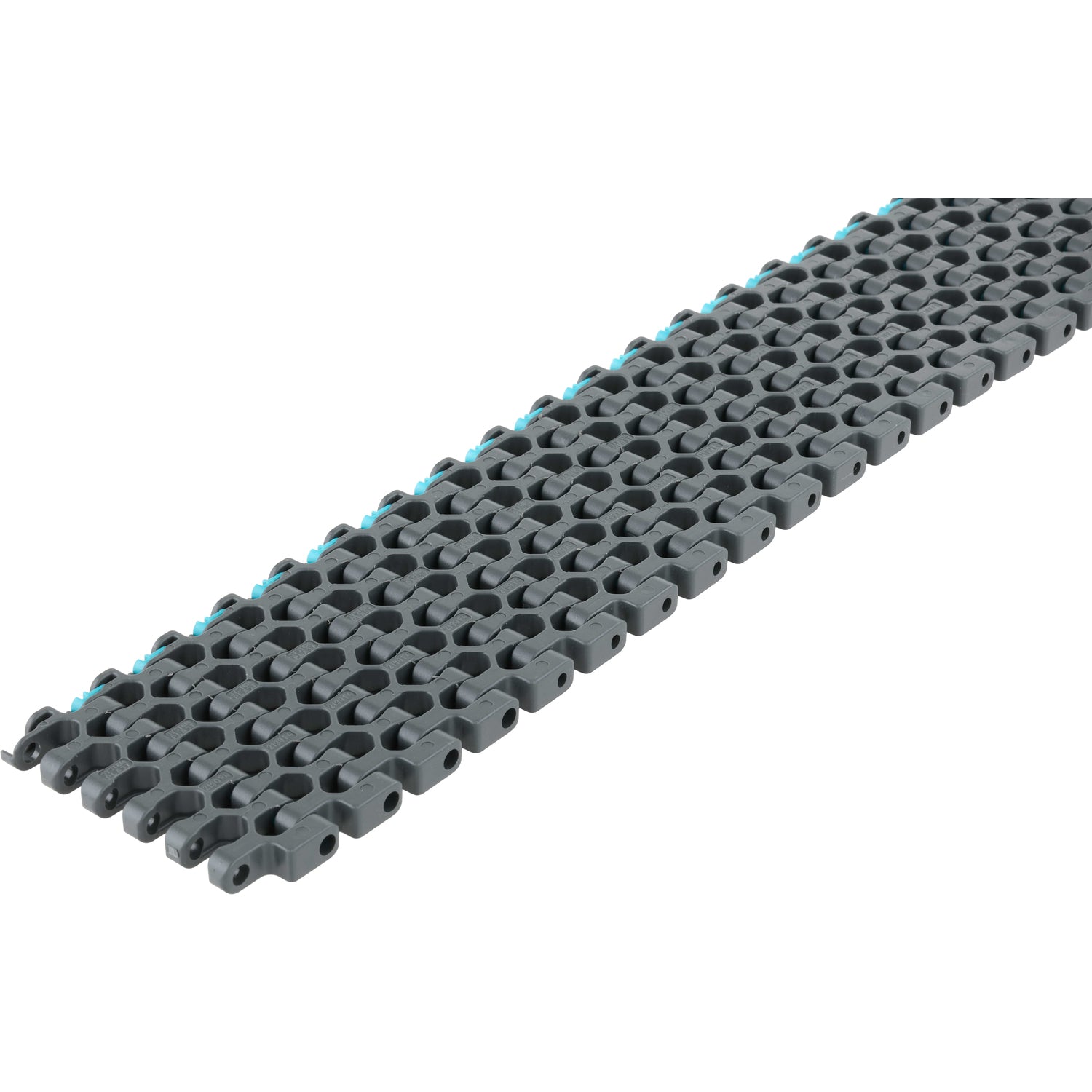 Grey conveyor chain with aqua colored connecting pins. Conveyor chain shown on white background.