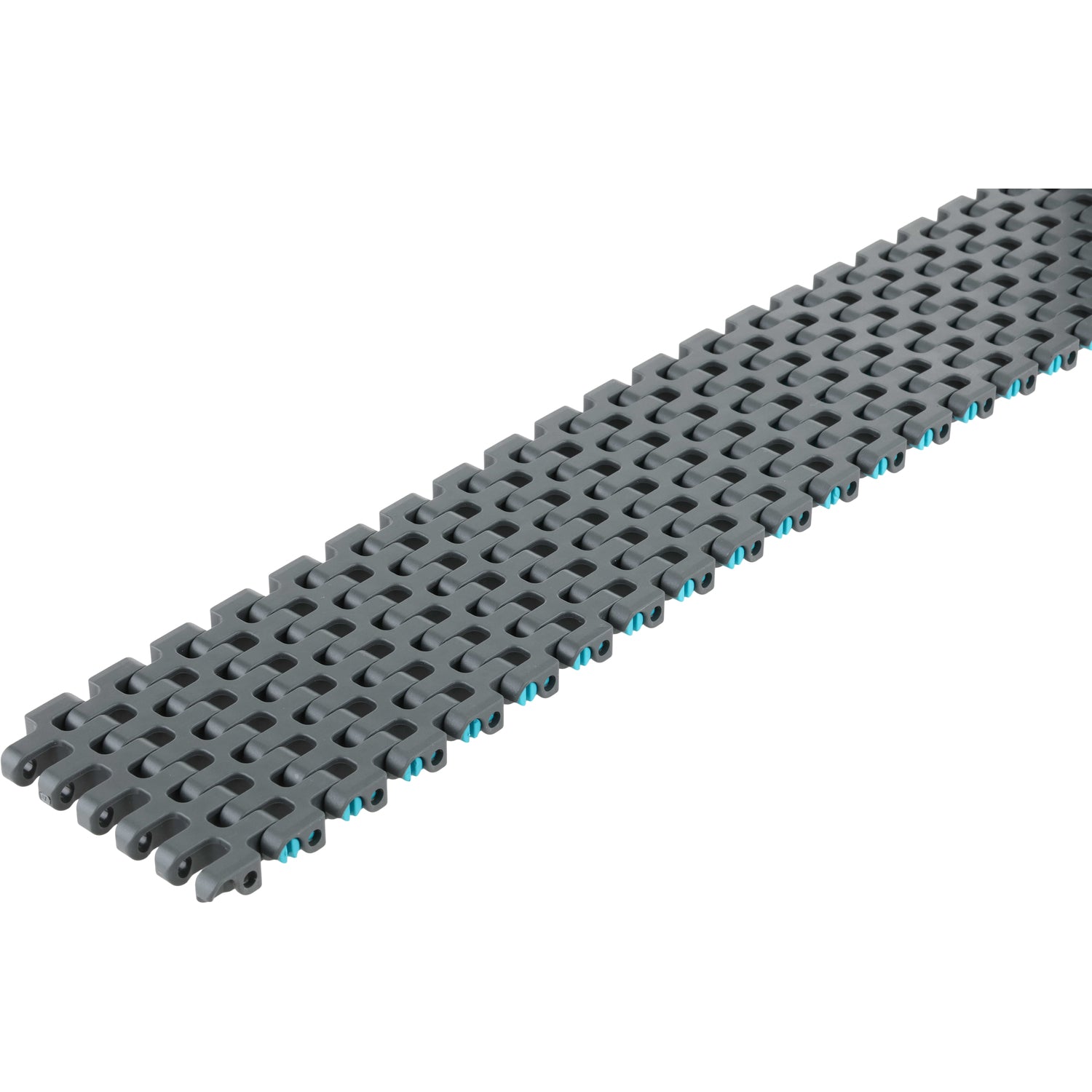 Grey conveyor chain with aqua colored connecting pins. Conveyor chain shown on white background.