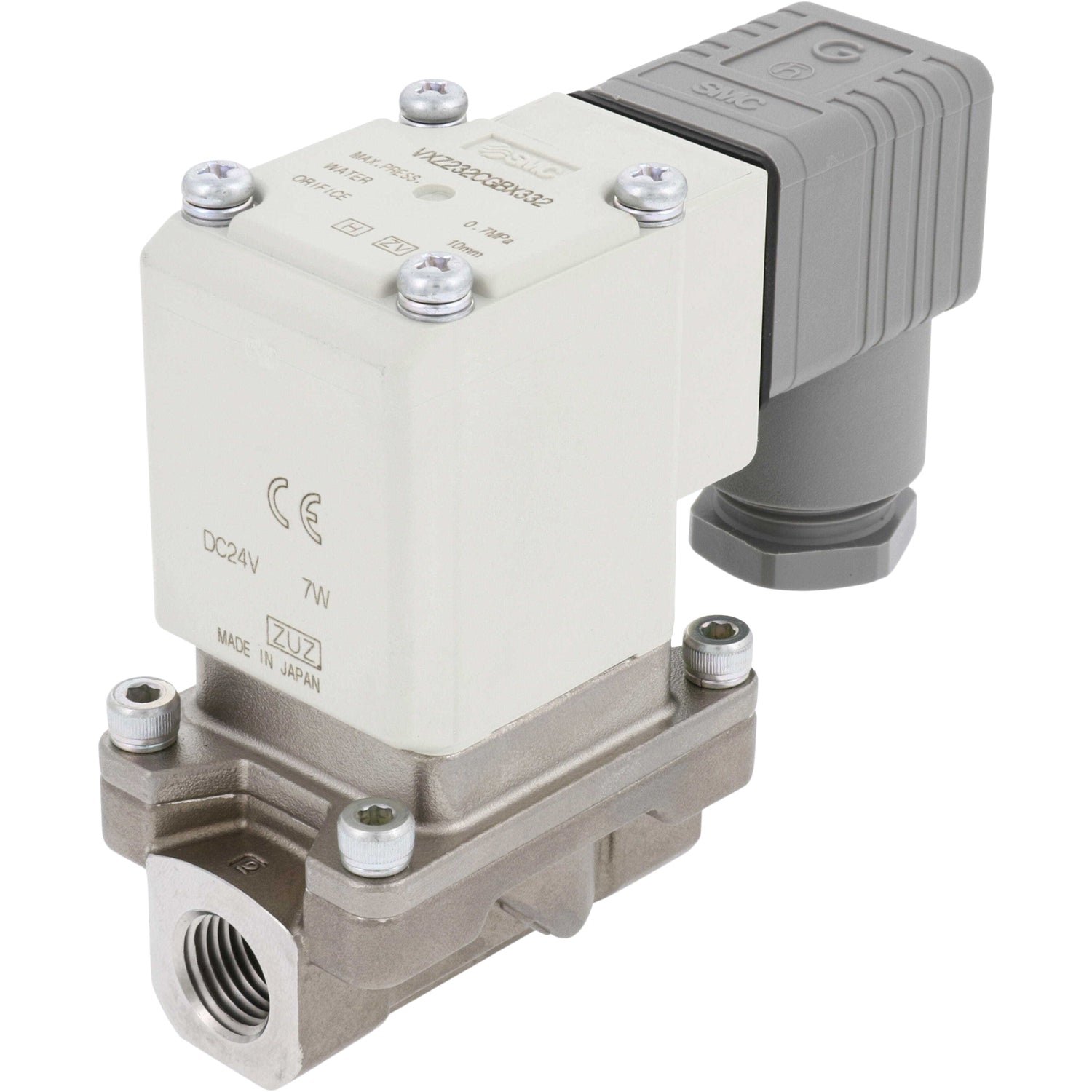 Stainless steel and off white and grey plastic zero differential pressure type pilot operated 2 port solenoid valve on a white background. 