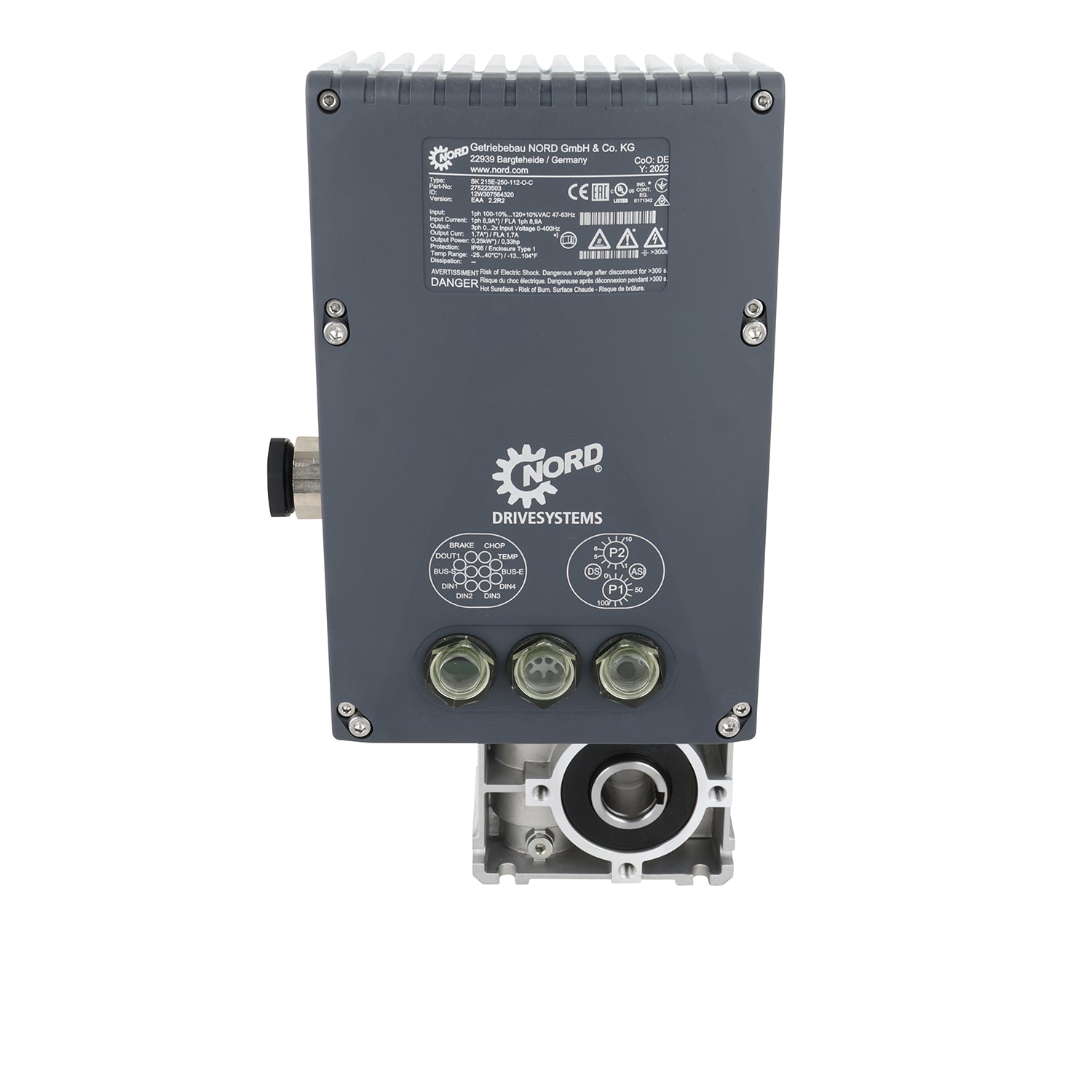 Grey Nord VFD and gearbox mounted to motor shown on white background.