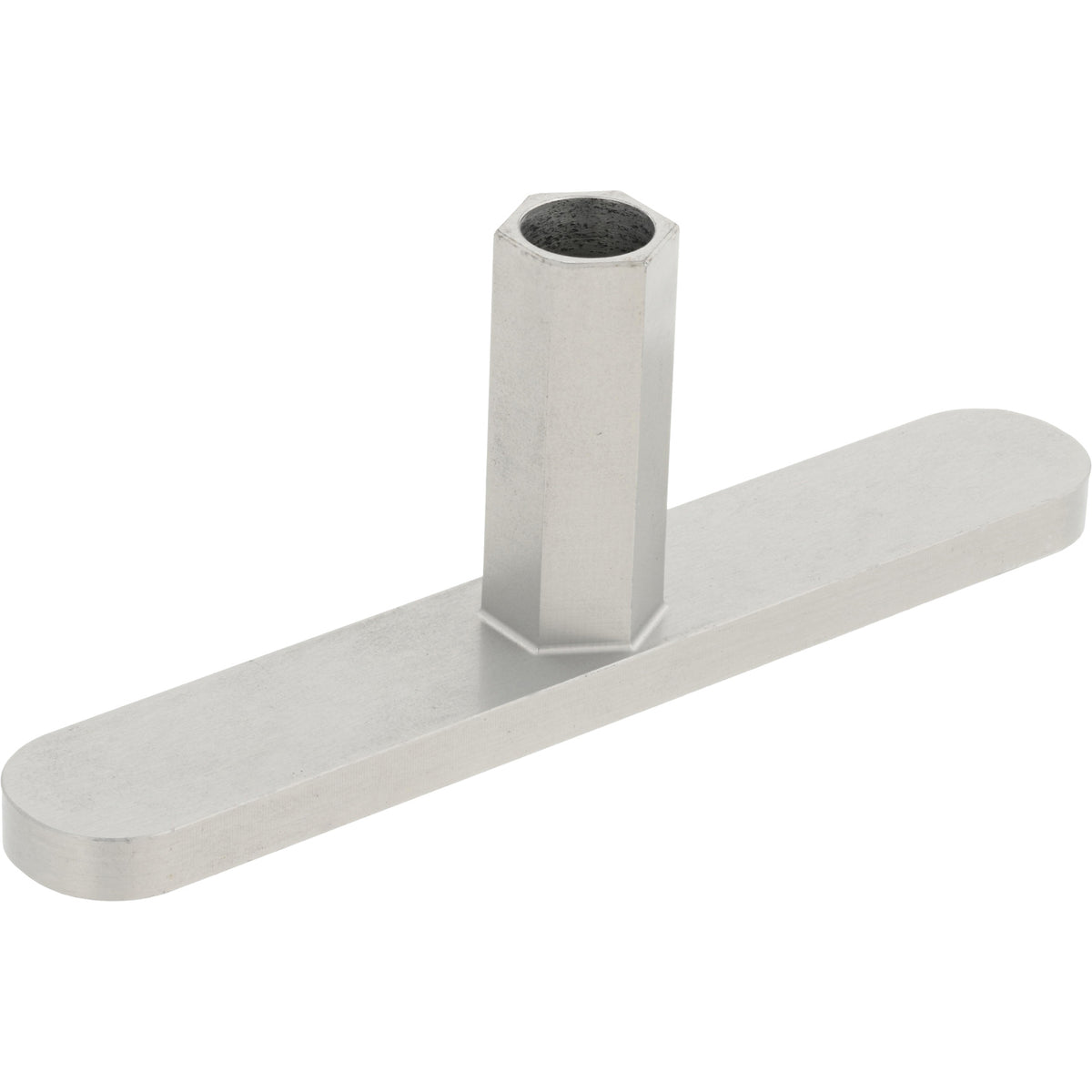 A &quot;T&quot; shaped part made of hard anodized aluminum with flat horizontal rounded handle and a vertical hollow hexagonal post shown on white background. 