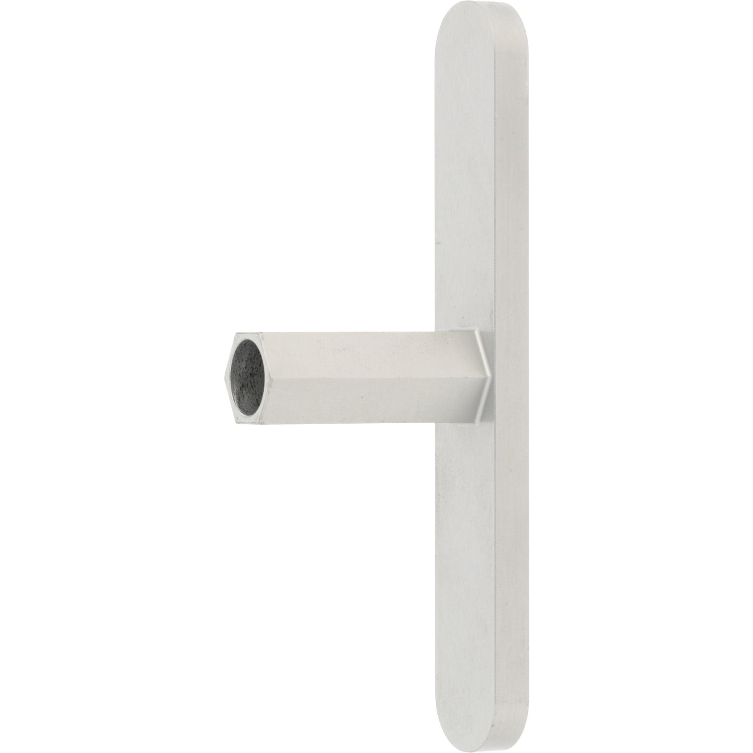 A &quot;T&quot; shaped part made of hard anodized aluminum with flat  rounded handle placed vertically and a horizontal hollow hexagonal post shown on white background. 