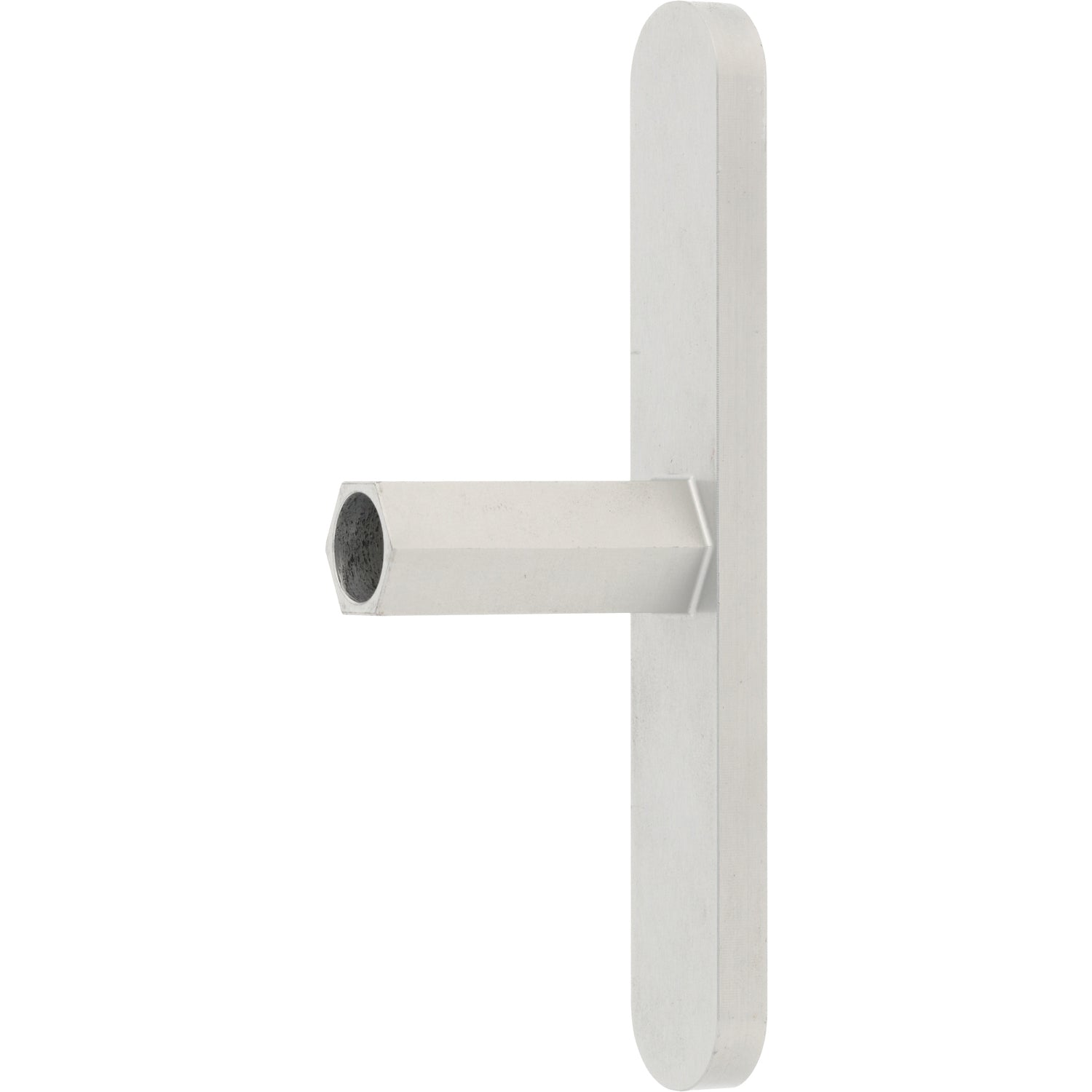 A "T" shaped part made of hard anodized aluminum with flat  rounded handle placed vertically and a horizontal hollow hexagonal post shown on white background. 