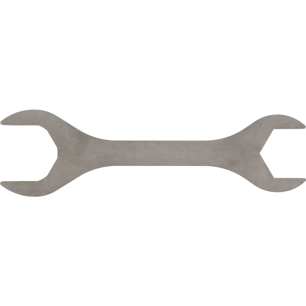 Stainless steel open end box wrench on white background.