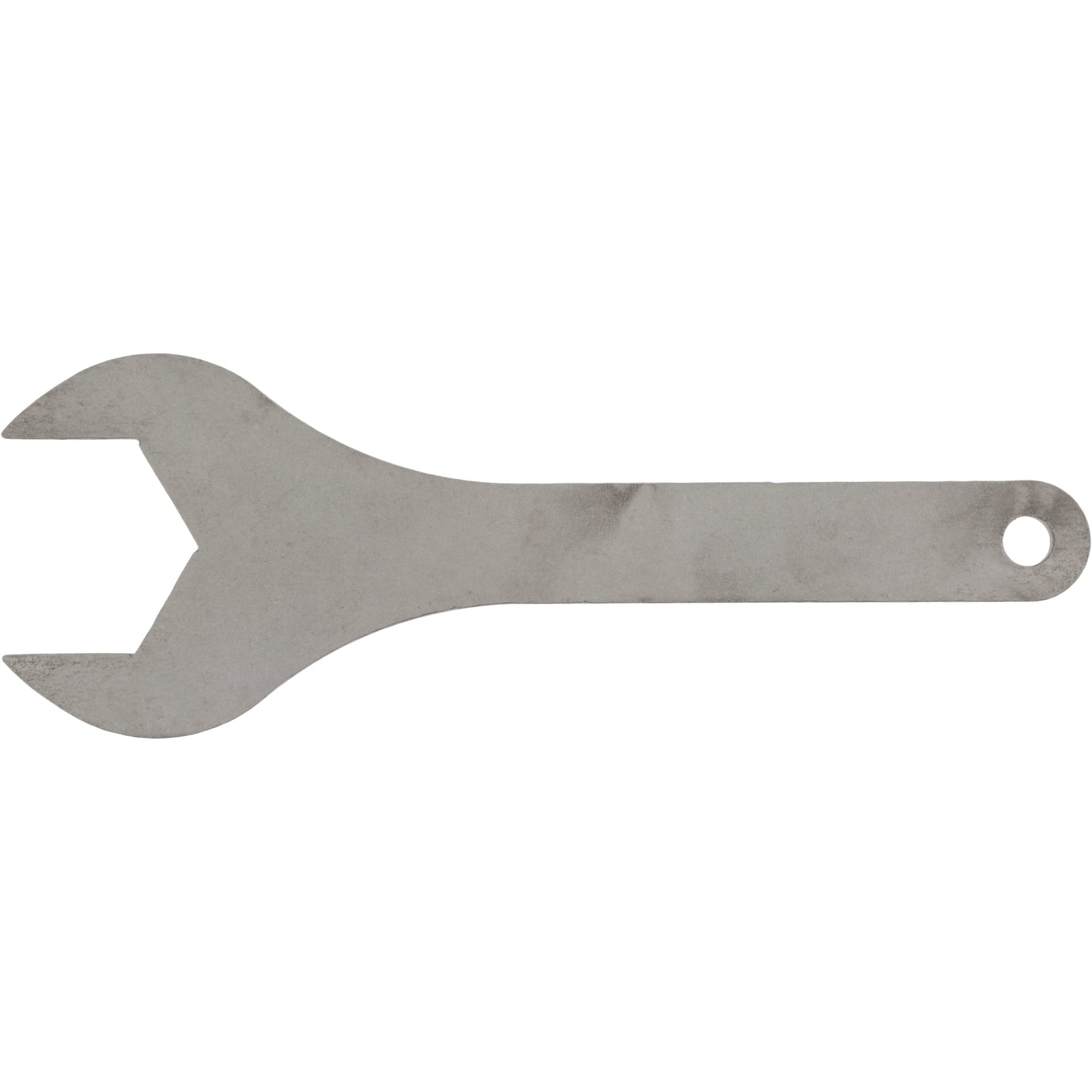 Stainless steel wrench with rounded handle shown on white background.
